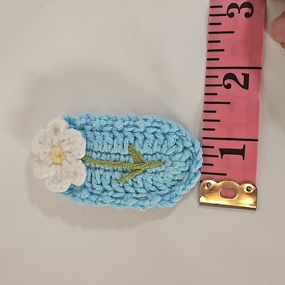 Hand Crafted Hand Knit Crochet Snap Hair Clip Blue with White Flower Boho Style - Picture 17 of 17